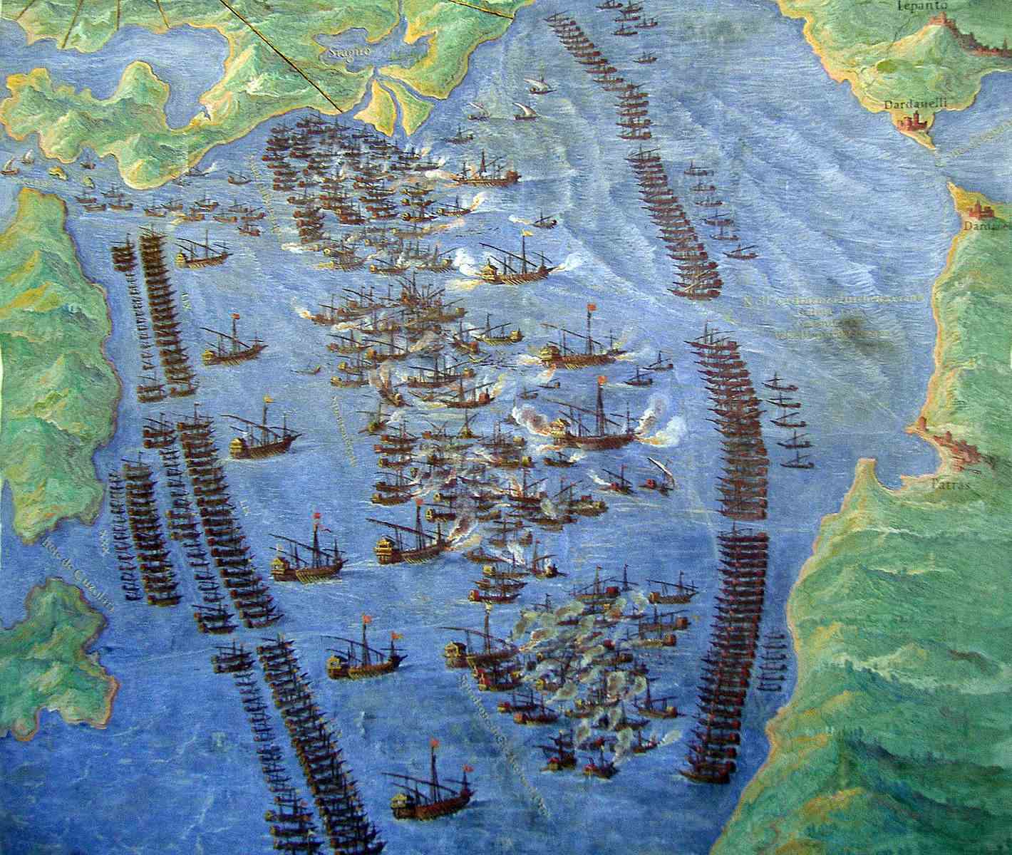 费尔南多·贝尔特利关于勒班陀战役的画作，收藏于梵蒂冈地图廊，图片来源：维基百科